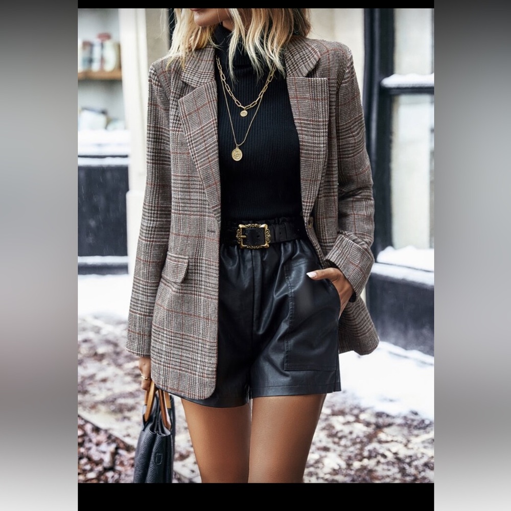 SHEIN Clasi Plaid Print Lapel Collar Single Button Brown Blazer